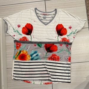 Desigual Striped Floral Top - Red, Blue, Gray, new without tag size M